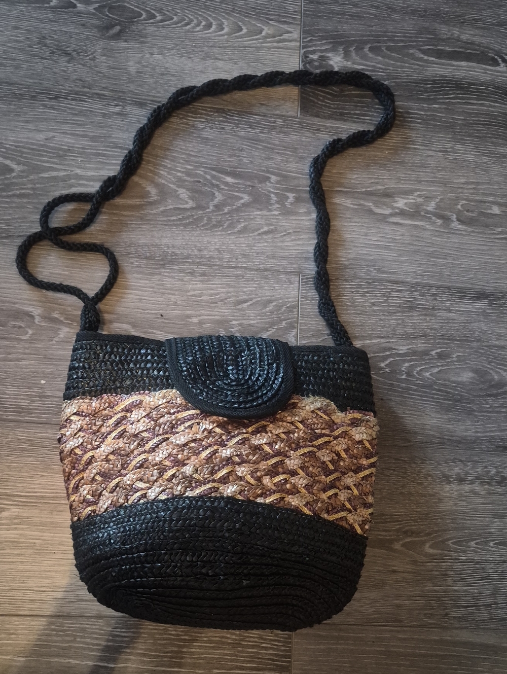 Woven Crossbody Bag in Black and Brown - Picture 1 of 6